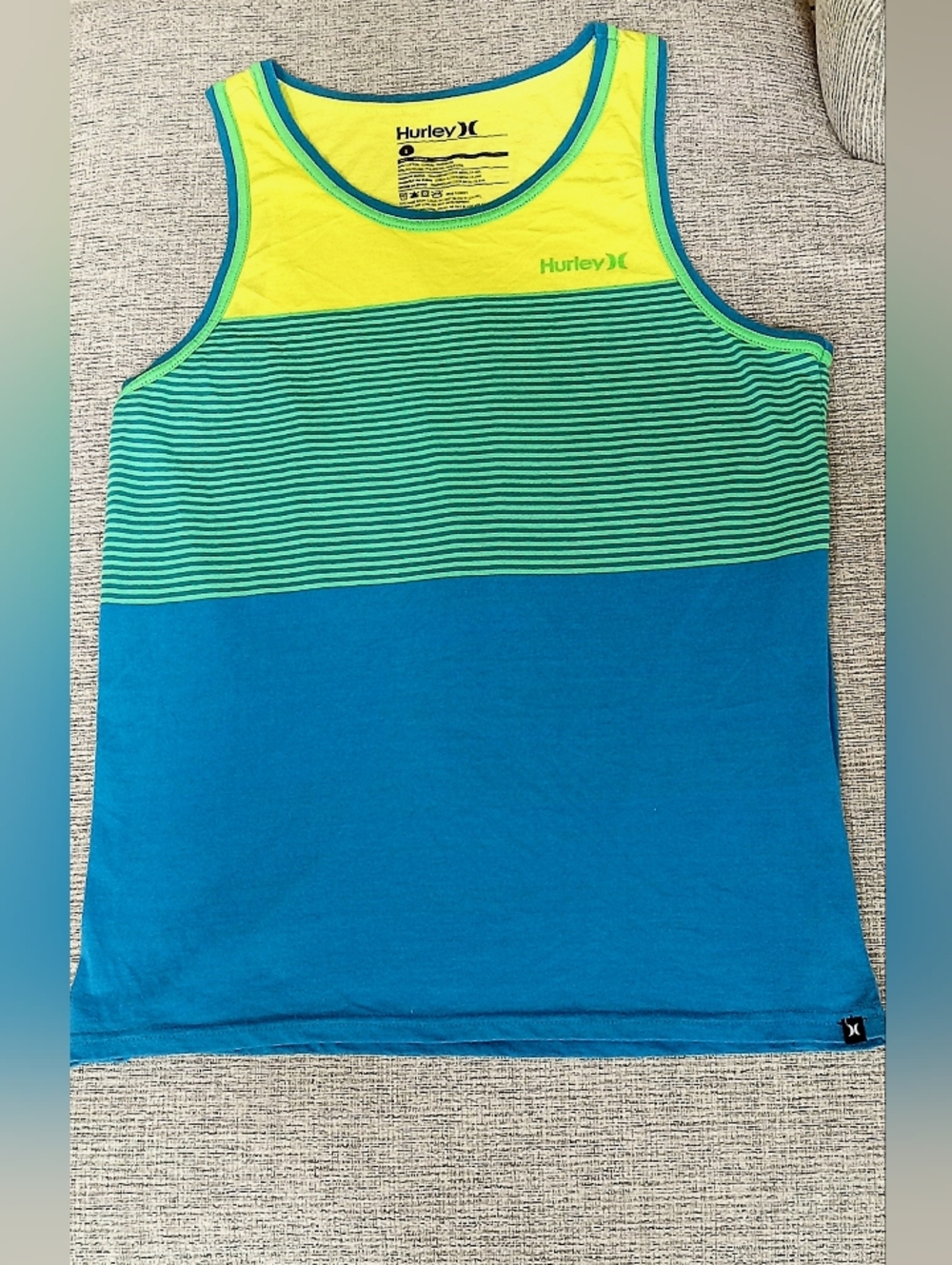 Hurley Blue & Neon Green Striped Mens Tank Top